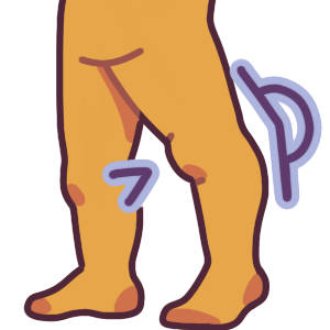 a person from the hips down. They’re standing and have one leg back, so their knee hyper extends. There’s the same angle symbols on each side to show where their knee bends inwards on the front, and outwards on the back.